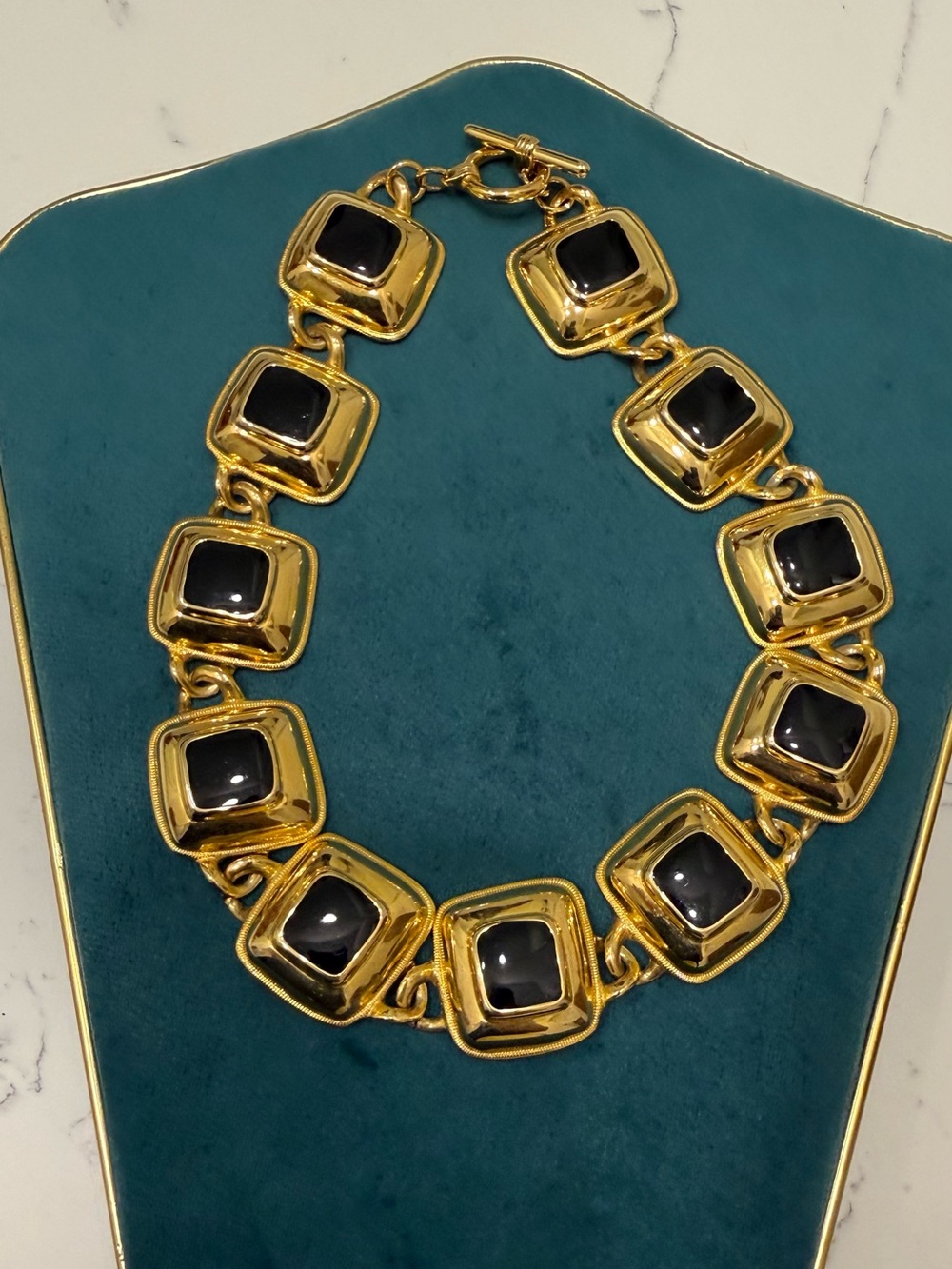 Gold Tone Vintage Necklace with Black Enamel Cabochon Squares